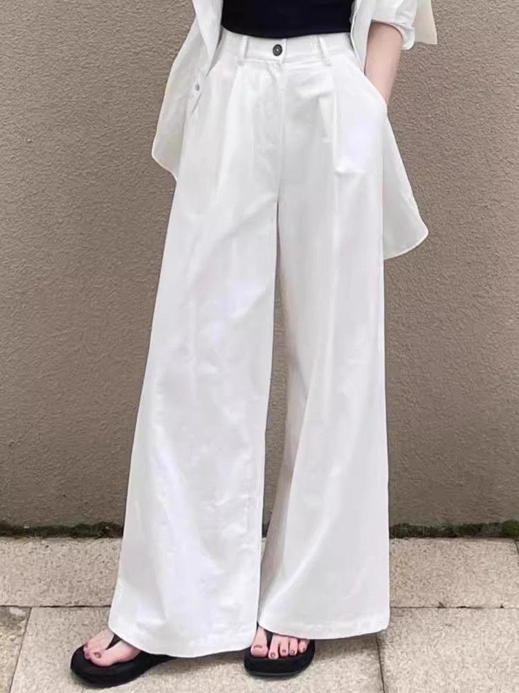 Women's White Wide-Leg Denim Pants: Slimming Drape for Spring/Autumn, Pear-Shaped Fit, Loose, Thin Style, Casual Elegance.