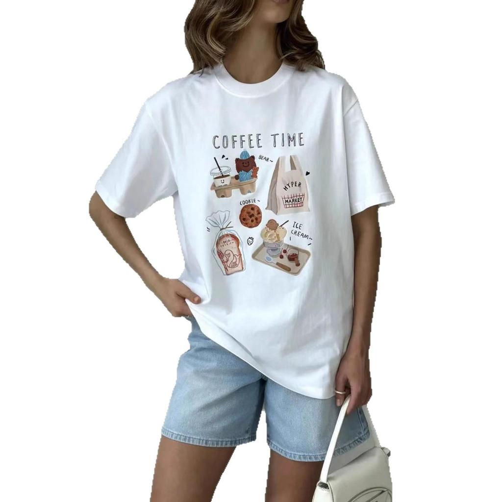 T-shirt Blanc Imprimé Coton Manches Courtes Casual Mignon pour Femme - Été Coupe Ample, Polyvalent, Anti-Âge