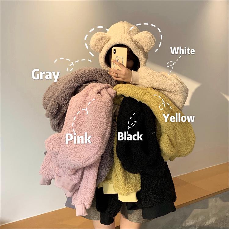 Plus Size Women's Faux Lambswool Bear Ear Hoodie - Loose Fit for Autumn/Winter