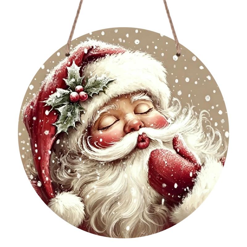 2D Flat, Whimsical Santa Round Aluminum Decor Sign, Country Style Holiday Wall Art, Featuring Cute Santa & Snowflake Patterns, Pre-Drilled for Easy