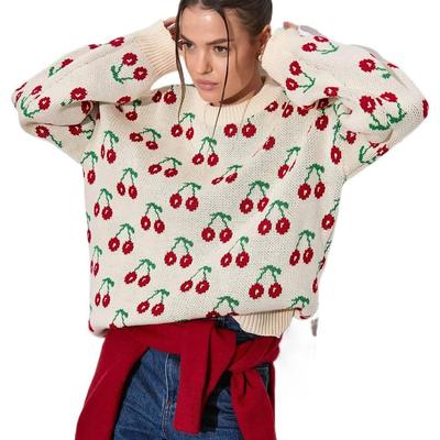 Cherry Print Sweater Lazy Style Loose Knitted Pullover Autumn Winter Sweet Cherry Sweater