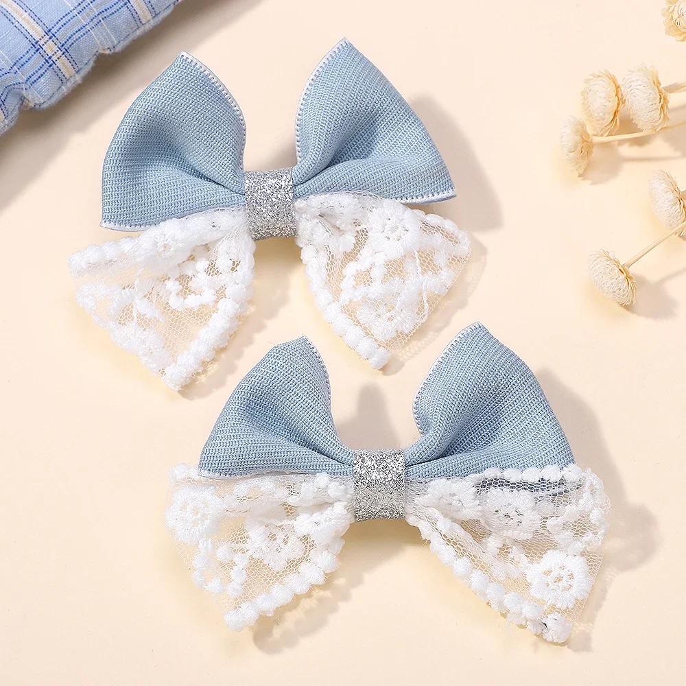 RAINBOW BOWS 2Pcs/lot Sweet Lace Bowknot Hair Clip for Kids Fashion Denim Blue Hairpin Hairgripes Girl Party Hair Accessories