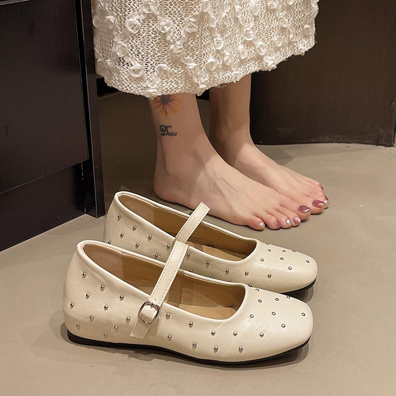 2025 Spring New Retro Ballet Shoes Rivet Square Head Flat Sole Single Shoes One-word Buckle Inner Height Increase Mary Jane Shoes