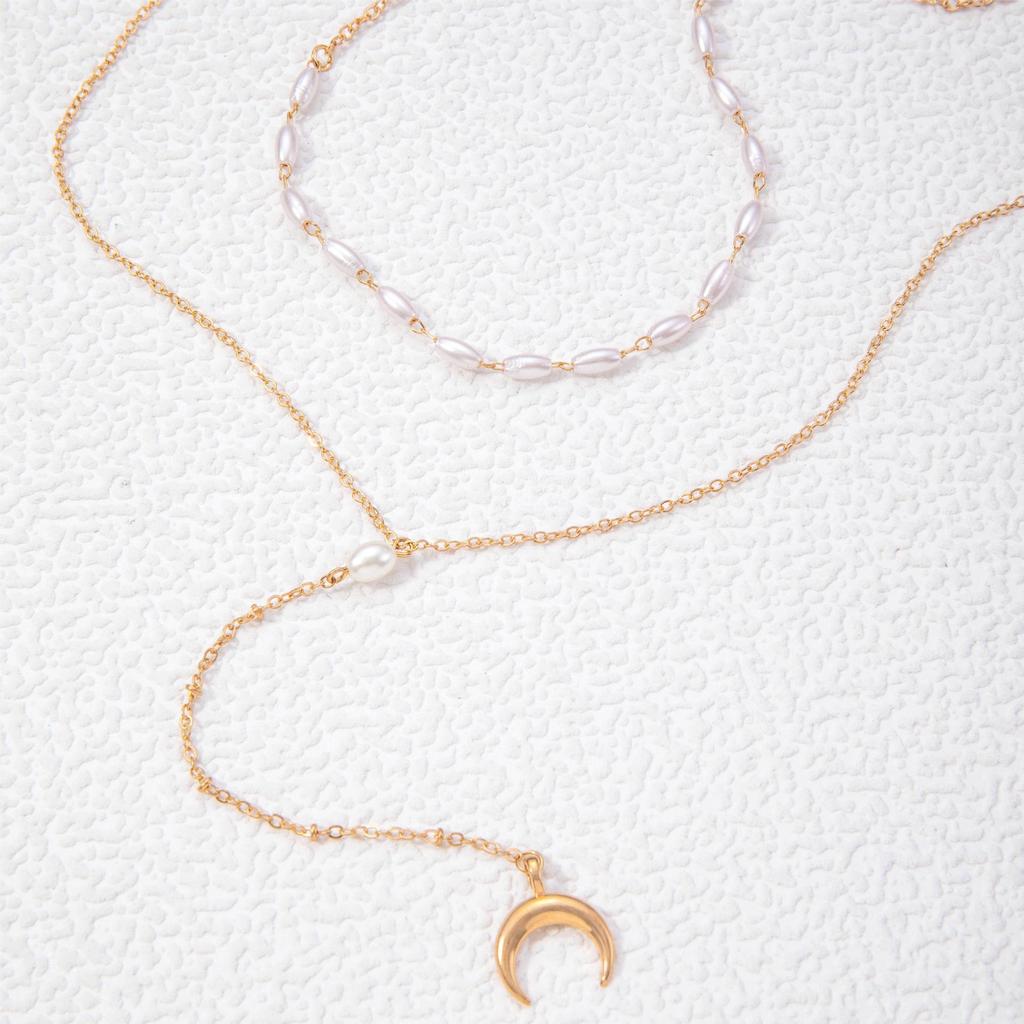 Accessories, retro imitation pearl double stacked necklace, versatile inverted crescent horn necklace, collarbone chain