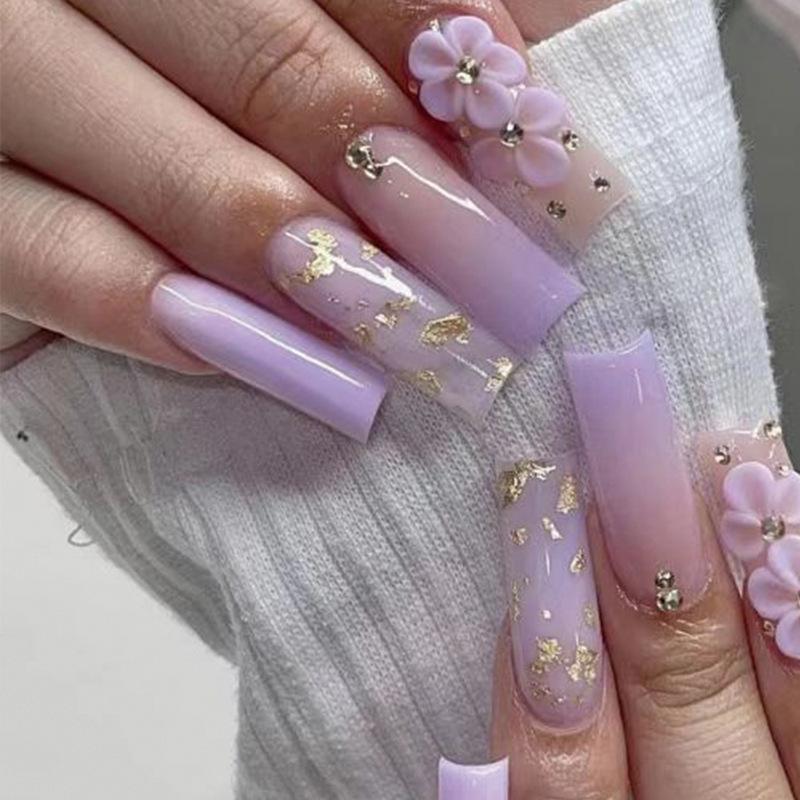 

Wear manicure purple gradual change long ballet three-dimensional flower rhinestone manicure patch nail piece nail piece
