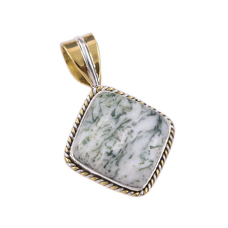 Přírodní zelený dendritový opál 925 Sterlingové stříbro Dárek Dvoubarevný přívěsek 1,25" m9e64