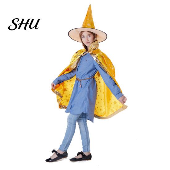 Breathable Witch Cape Adjustable Halloween Pentagram Printing with Wizard Costume Young Adults Hat Hand Bag Comfortable Kids