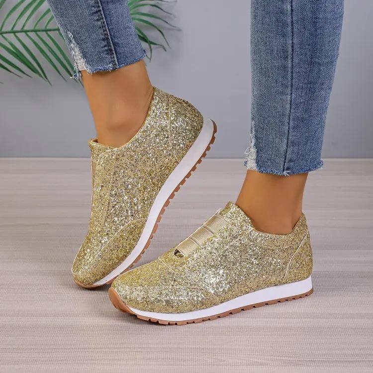 Luxury Women Loafers Causal Shoes Gold Silver Sequin Leather Shoes for Womens Four Season Slip-on Sneakers Women's Flat Shoes