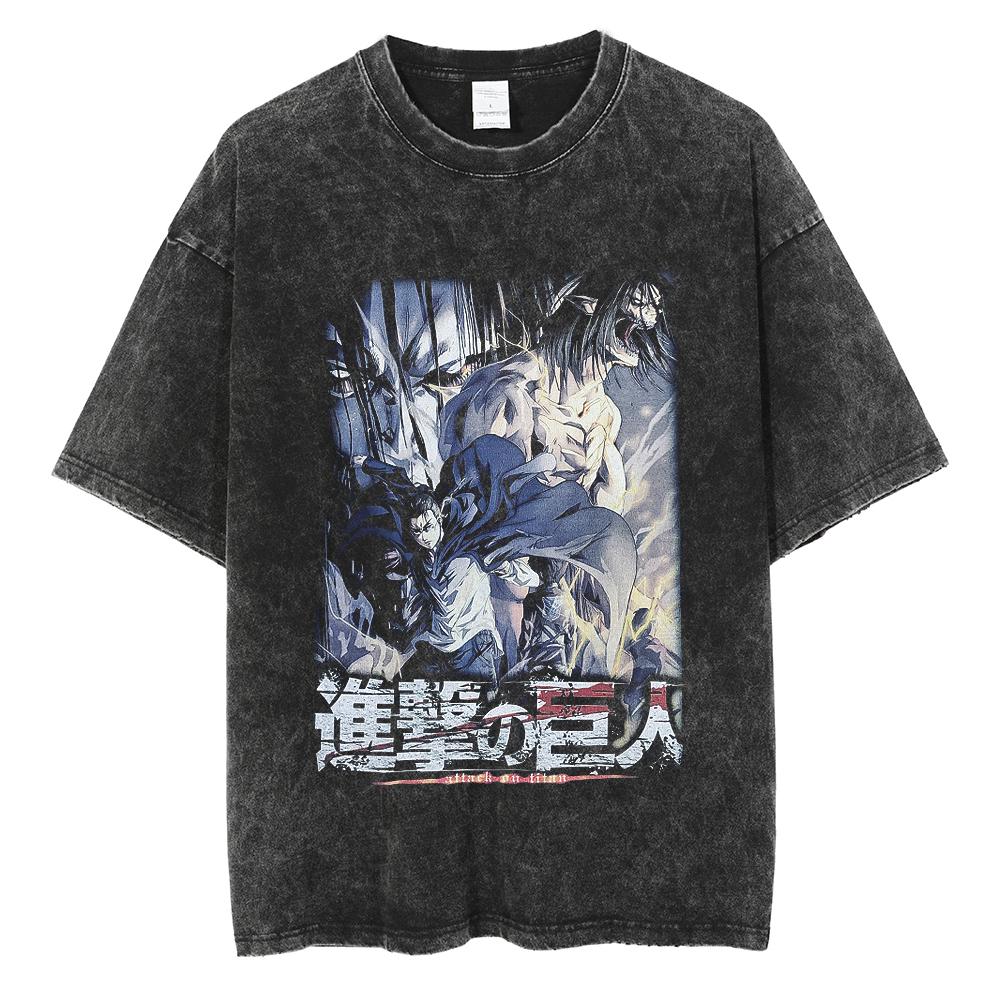 Eren Jager Attack on Titan Summer Streetwear Washed T-Shirt Anime Graphic Print TShirt Men Harajuku Cotton Oversize Vintage Tee