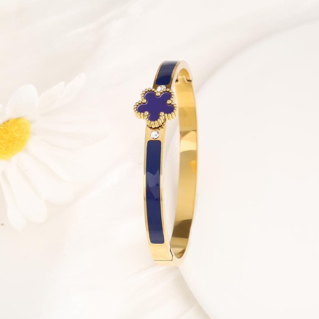 6 Colors Classic Luxury Stainless Steel Five Leaf Flower Open Bangle Simple for Woman Girl Party Trend Enamel Zircon  Clover