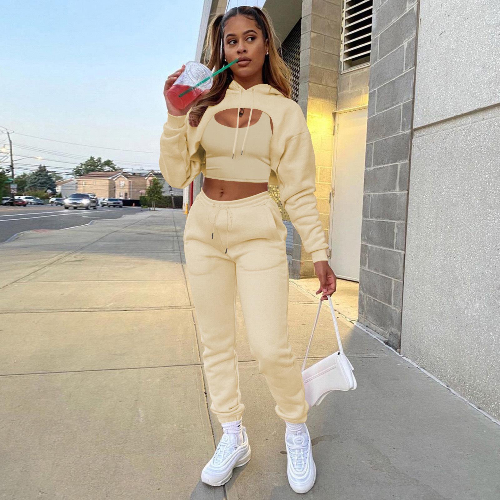 

Women s hooded cape fleece sweatshirt trousers vest suit L абрикосовый