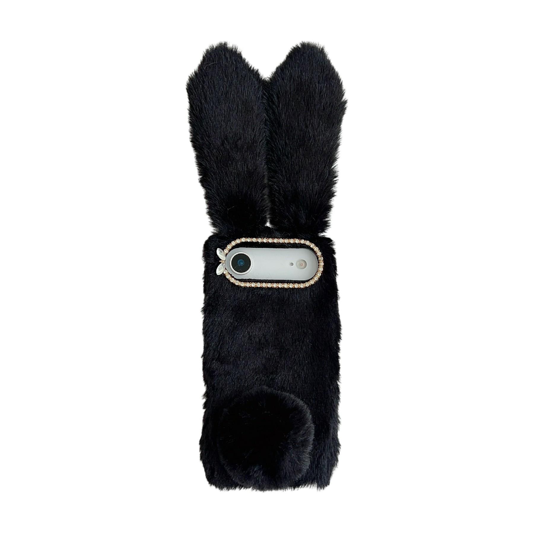 

For iPhone 17 Air Case Plush Cute Bunny Winter Fluffy TPU Phone Cover Black