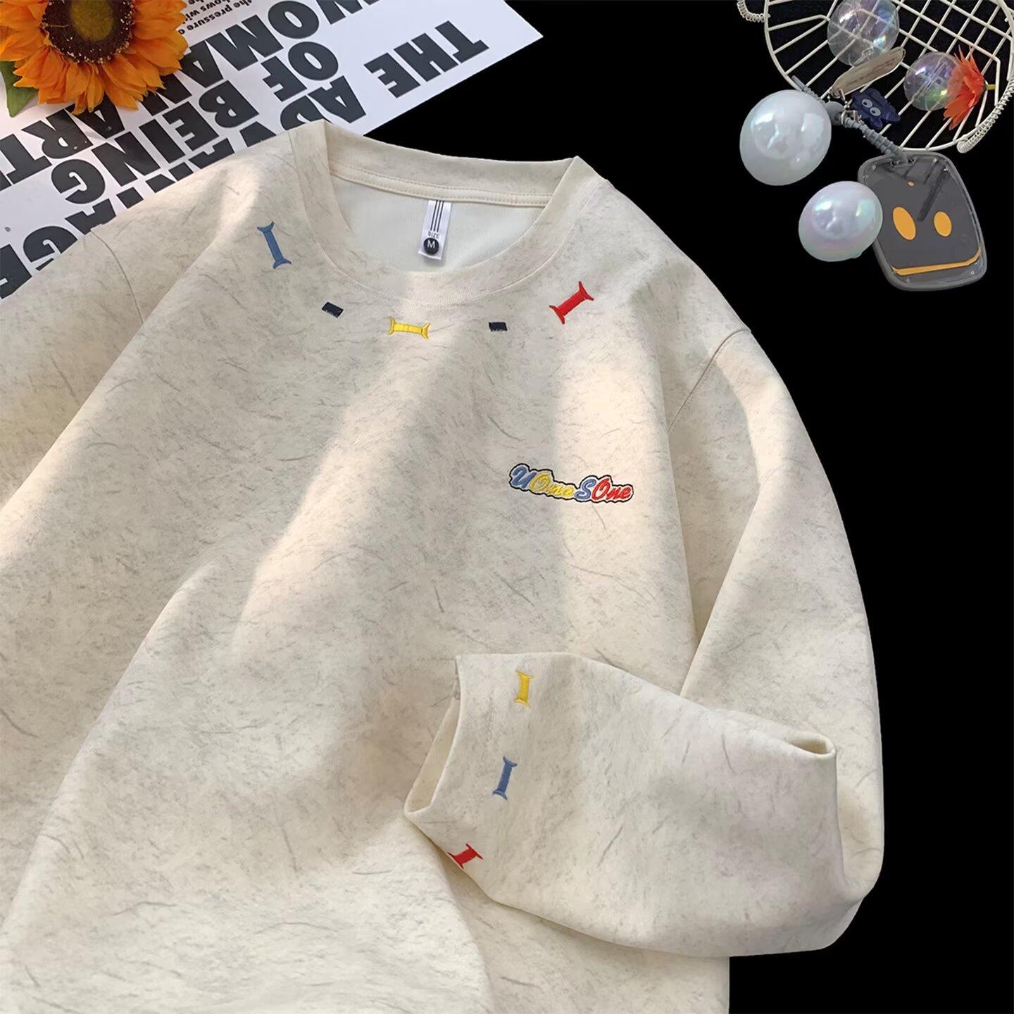 

American High Street Letter Embroidered Long-sleeved T-shirt Men s Autumn Trendy Brand Design Crew Neck Sweater Loose Couple Top M абрикосовый