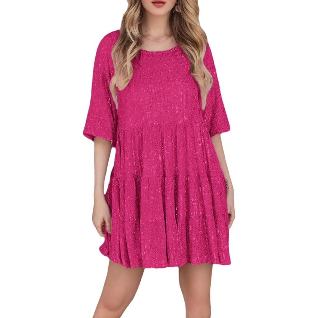 Sequined Round Neck Loose Waist Short Sleeve Dress for Banquets