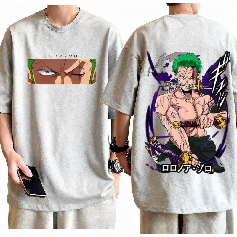 Roronoa Zoro Retro Triple Sword TShirt Men Oversized Cotton Anime Graphic Tee Casual Streetwear Breathable Loose Crew Neck Top