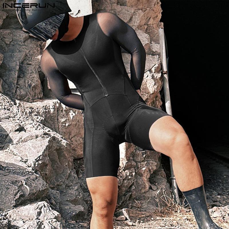 INCERUN Men Long Sleeve Mesh Patchwork One Piece Bodysuits Jumpsuits Short Playsuits