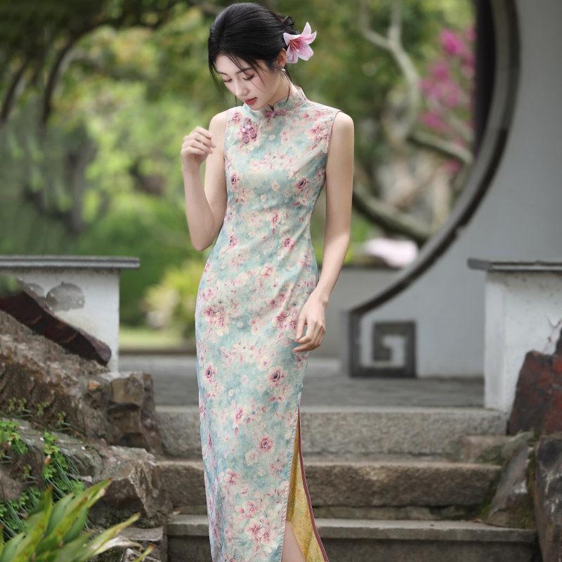 Long Sleeveless Cheongsam Dress Women 2026 Modern Chinese Style Daily Wear Vintage Elegant Fit