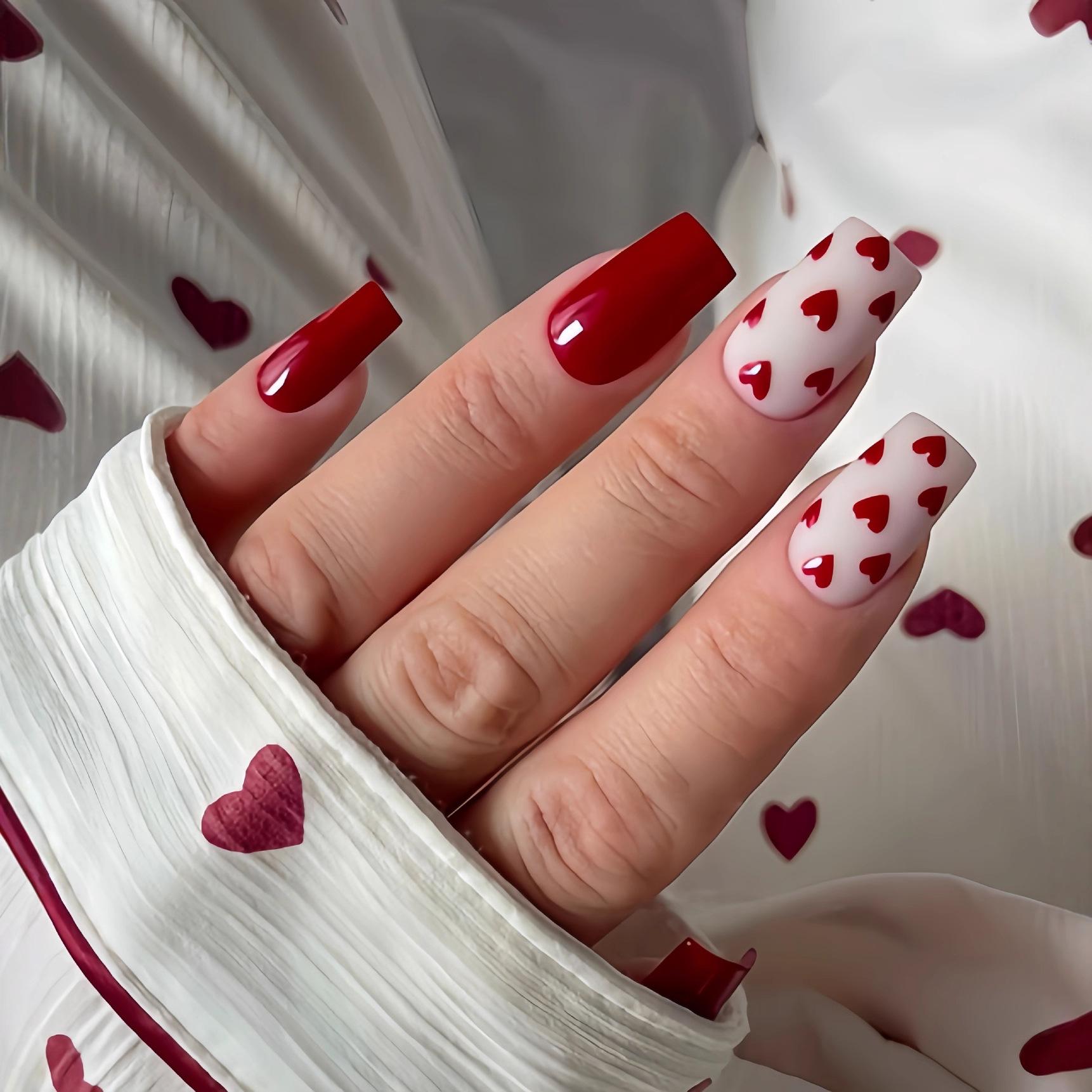 Китайский ноготь простой и элегантный красный глянцевый любовь белый французский накладной ноготь мода универсальный носить ноготь