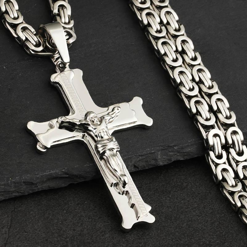 Bible Silver Color Jesus Cross Stainless Steel Pendants Necklaces Byzantine Long Chain Necklace for Men Jewelry Colar Collier