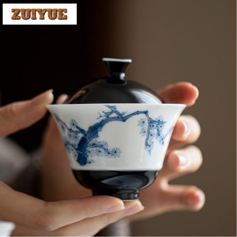 120ml Hand-painted Pine Blue And White Gaiwan Antique Tea Tureen Tea Bowl With Lid Kit Tea Maker Cover Bowl Tea Items Collection