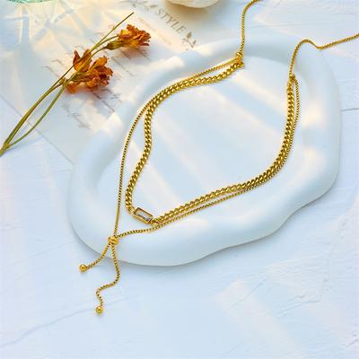 Gold Plated Layered Curb Chain Lariat Necklace, Dainty Adjustable Double Chain with Baguette CZ Pendant, Bold Fashion Jewelry for Women Gift