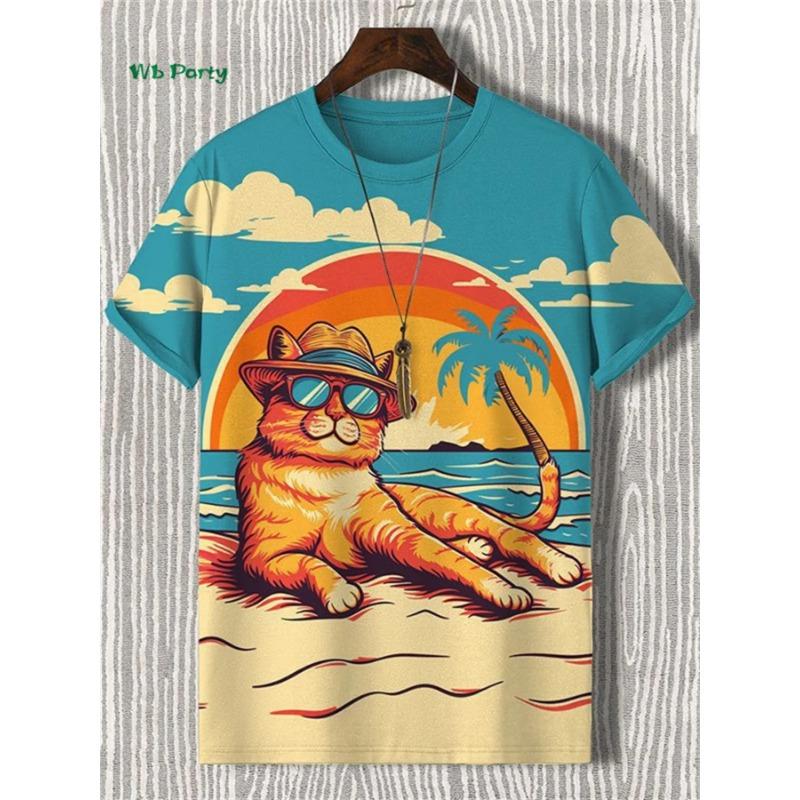 Funny Cat and Coffee Printed T-Shirts Casual Short Sleeve Hip Hop Street O Neck Top Summer Oversized Men's T-shirts