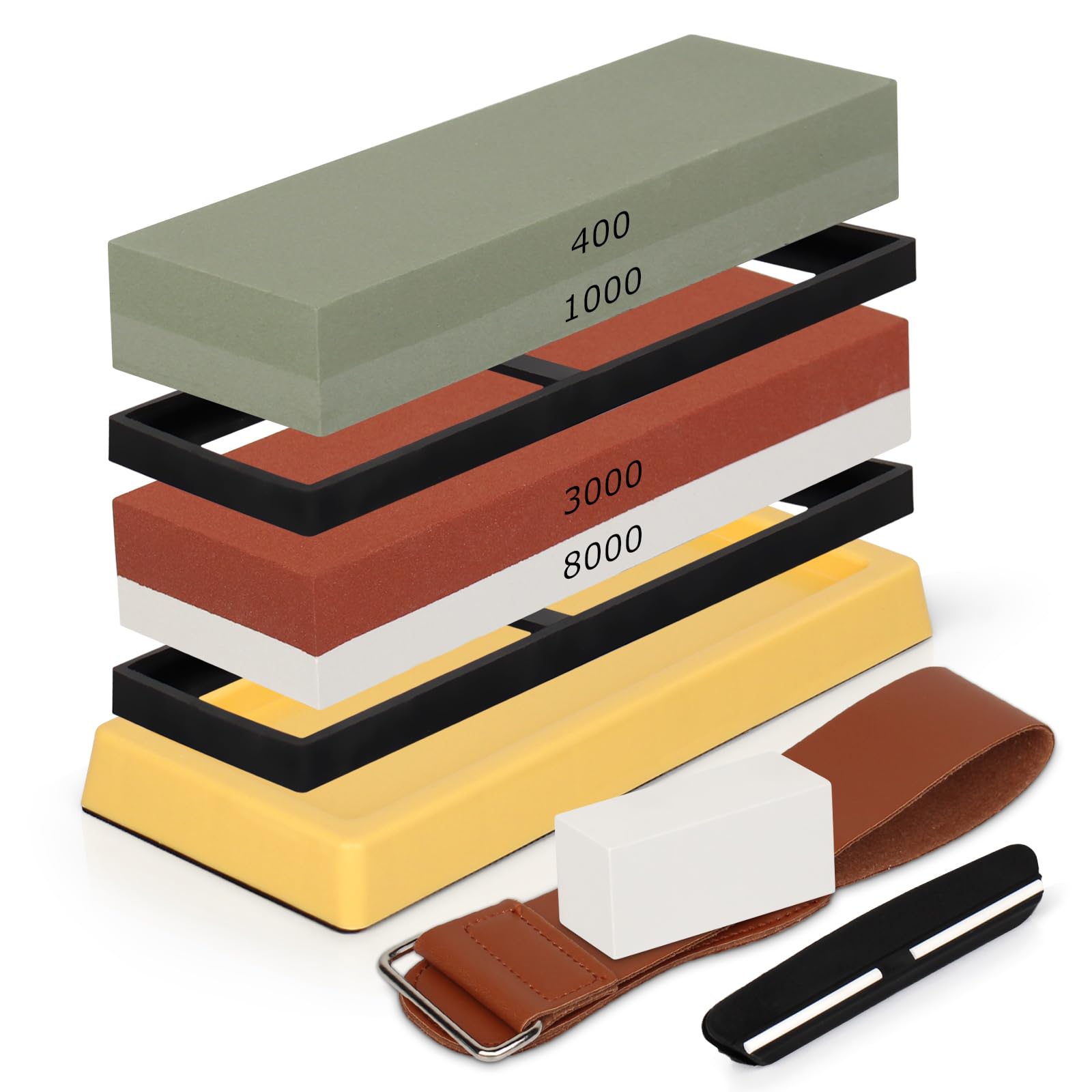 

Набор точильных камней для грубой и средней заточки с держателем под фиксированным углом, для домашнего и ресторанного использования. Двусторонние ножи, #400/#1000/#3000/#8000,