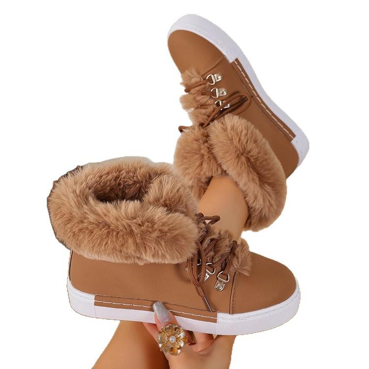 Women's Winter Casual Leather Boots with Long Fur Lining - Warm, Fleece-Lined, Plus Size, Short Shaft Snow Boots