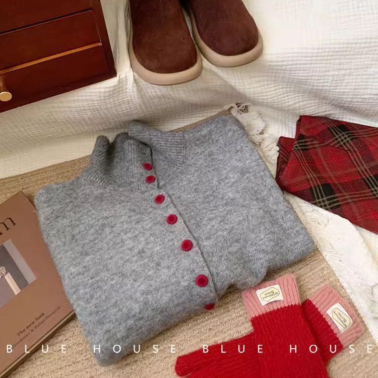 

Кардиган вязаный в корейском стиле с высоким воротником и цветными блоками - Женский повседневный зимний свитер M