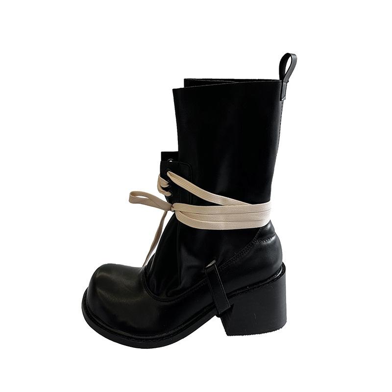 Thick-soled heightening strap explosion 2025 spring and summer new Spice Girls stacking boots thick heel thin round head Martin boots