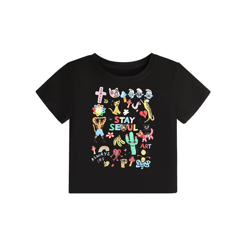 Sommer Vintage Lustige Cartoon Schwarz T-Shirt Damen O-Ausschnitt Kurzarm Reine Baumwolle T-Shirts Lässig Elastisch Skinny y2k Crop Tops Damen Kleidung