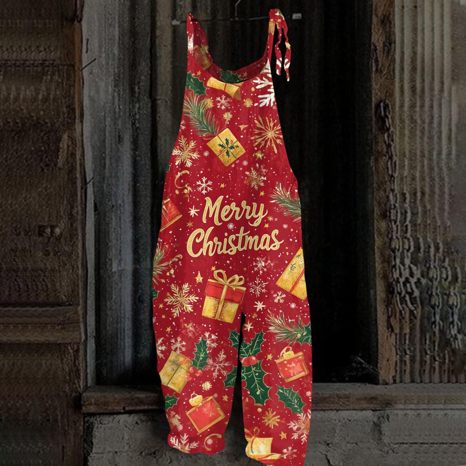 

Женский комбинезон с рождественским принтом, повседневный свободный винтажный комбинезон из хлопка и льна XXXL винный