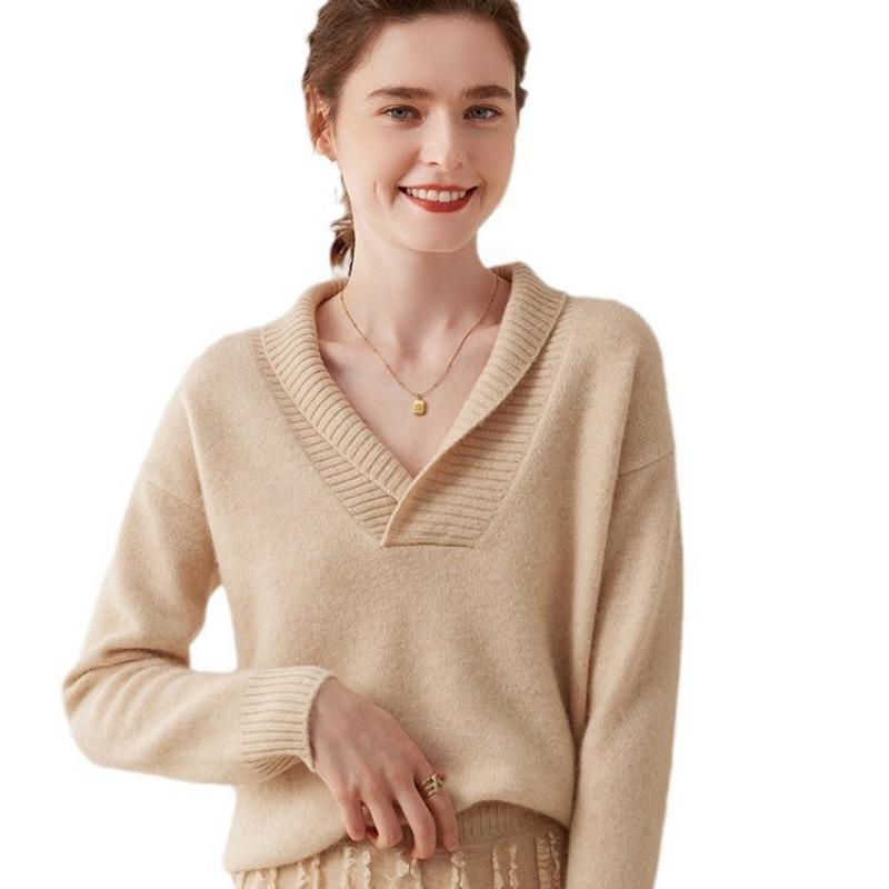 Temperament double-strand thickened pullover stacked V-neck sweater autumn and winter new high-end women's bottoming knitted sweater thick