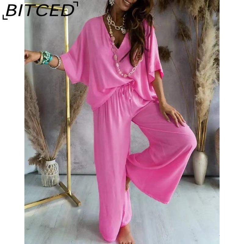 

BITCED Женский комплект повседневных свободных брюк с V-образным вырезом и рукавом «летучая мышь» XXXL розовый