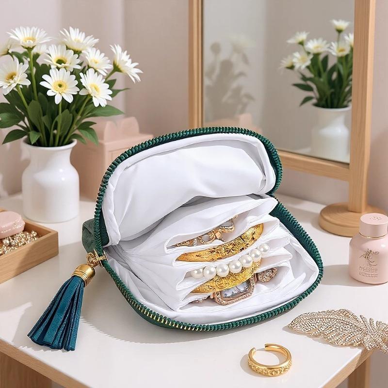 Tassel Zipper Velvet Jewelry Storage Bag Portable 6 Large Capacity Layers Organizer for Girls Daily Jewelry Storage