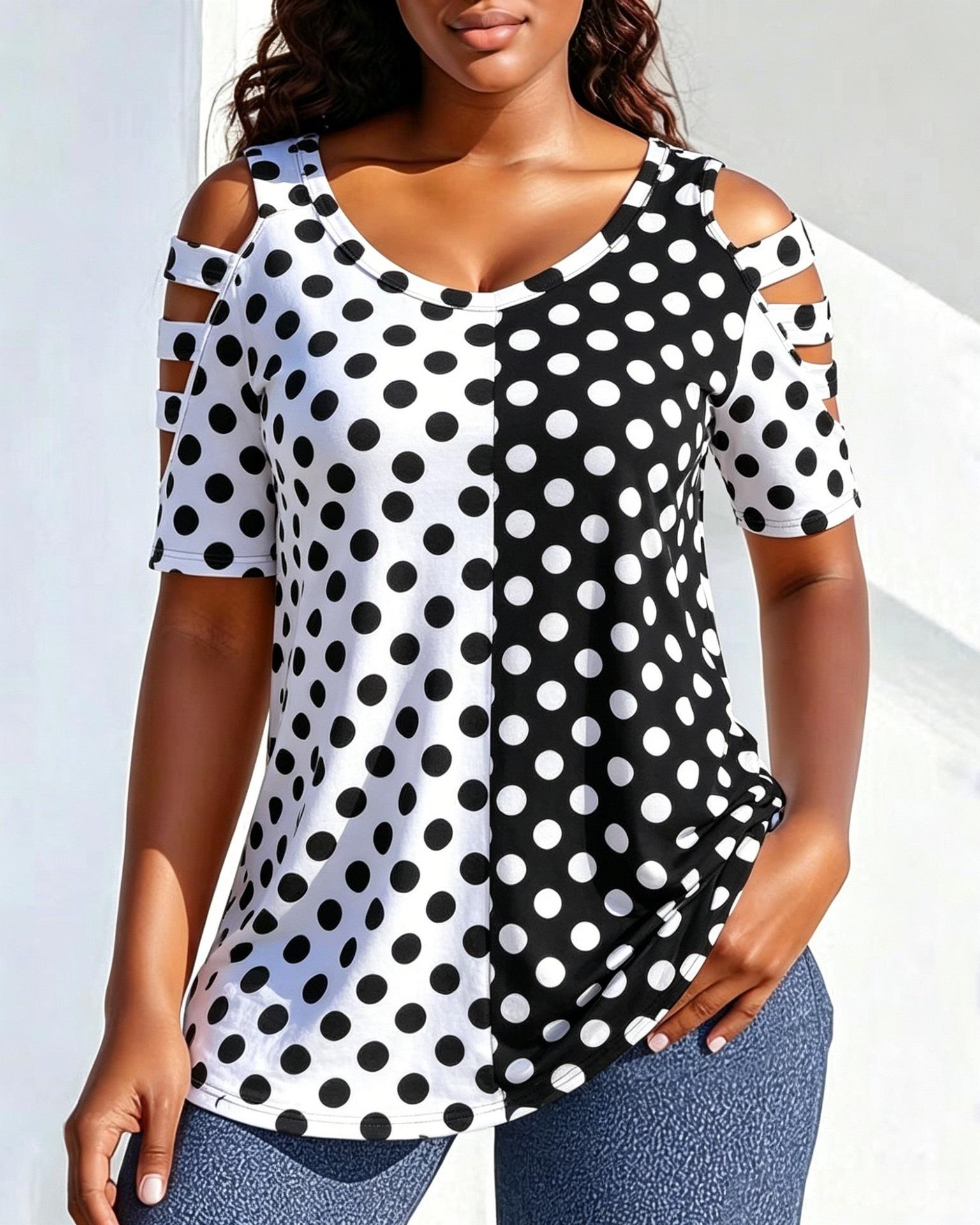Polka dot contrasting splicing off-shoulder hollow short-sleeved crew neck casual T-shirt top S