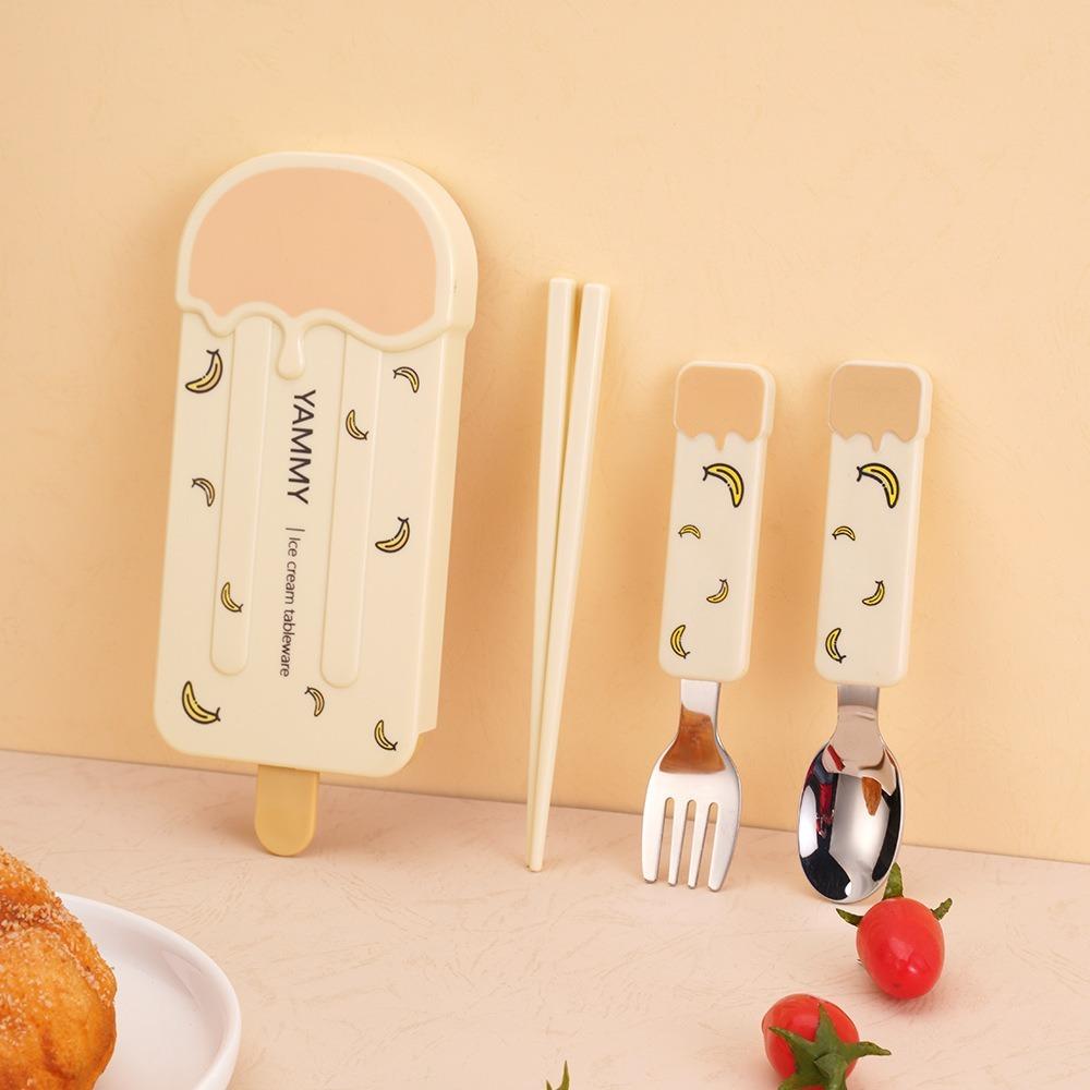 

304 Stainless Steel Popsicle Tableware Set Cartoon Pattern Kids Chopsticks Fork Spoon Set School жёлтый