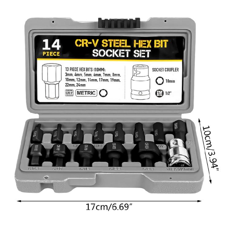 14Pcs 1/2 Inch Drive Key Sockets Hexagon Bit Socket Set For Ratchet 3mm-24mm