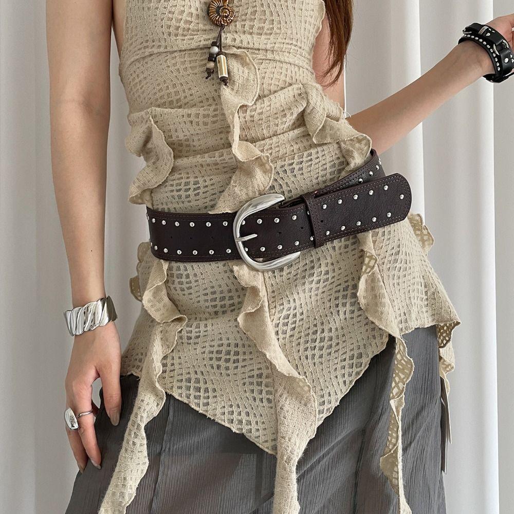 Vintage Wide Leather Waistband Metal Buckle Punk Style Belt Fashion Women Rivet Belt  Men