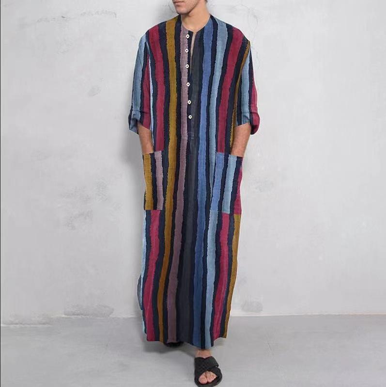 Striped Gradient Stand Collar Robe - Men's Long Sleeve Southeast Asia/Middle East Style