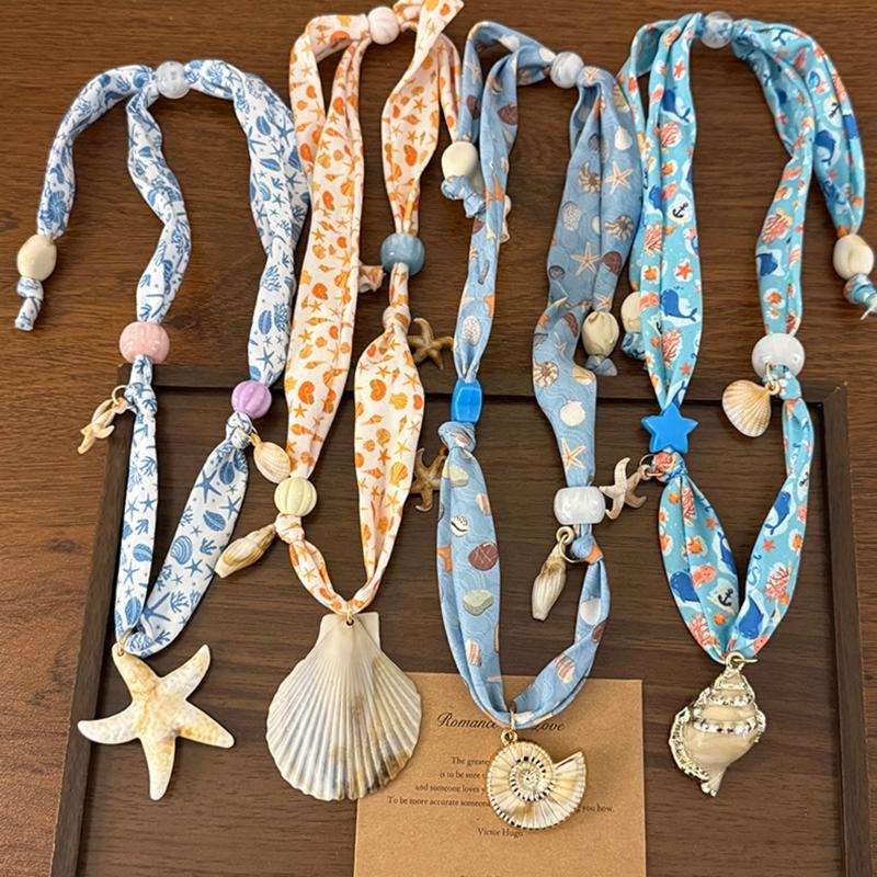 Böhmische Meeresinspirierte Halskette Mit Muschel Und Seestern Anhänger Florales Schal Design Für Frauen Dame