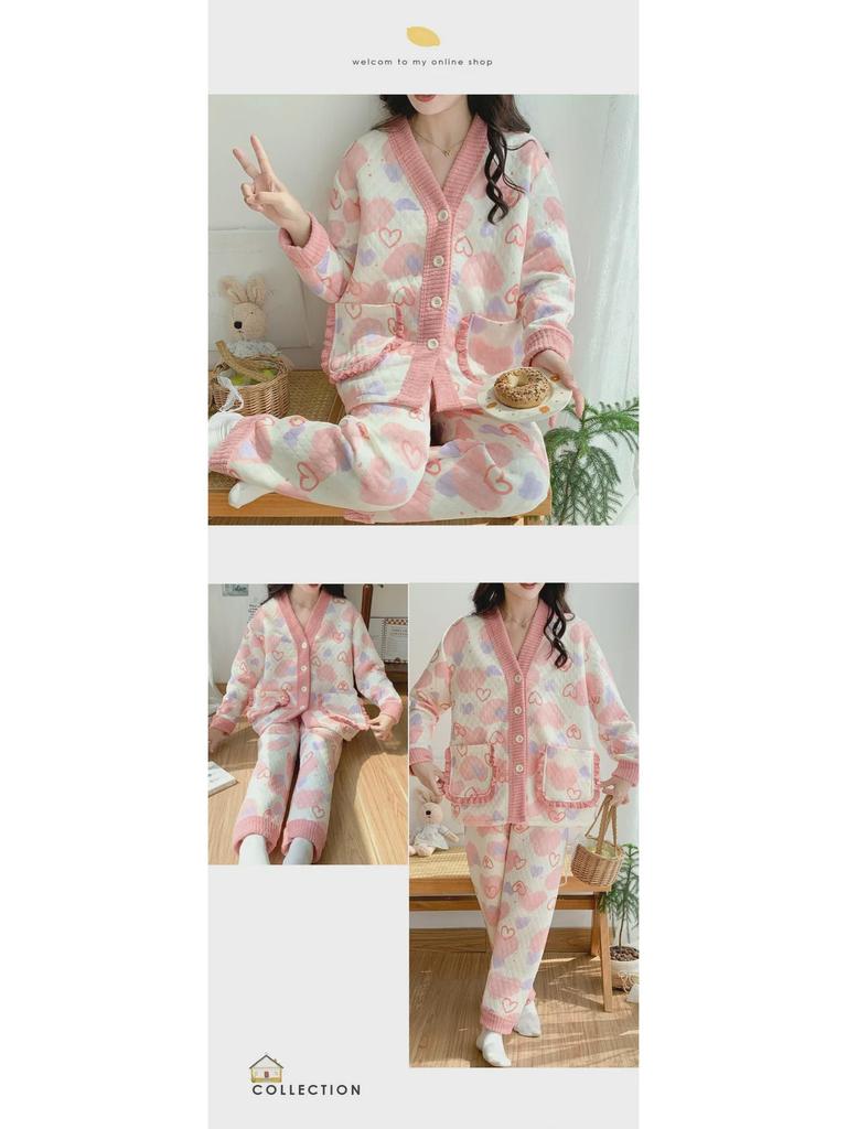 Damen Cartoon Baumwollpyjama Set - Warm und stilvoll für Herbst/Winter