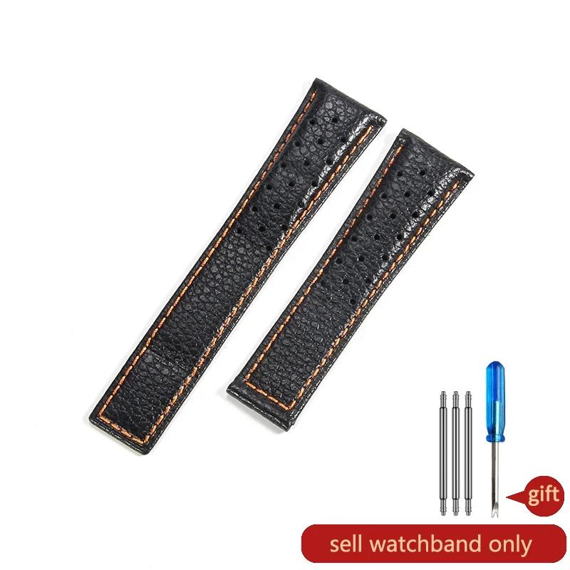 For TagHeuer Genuine Leather Solid Stainless Steel Fold Buckle Monaco Series Classic Blue Orange Line Cowhide 22mm Watch Strap