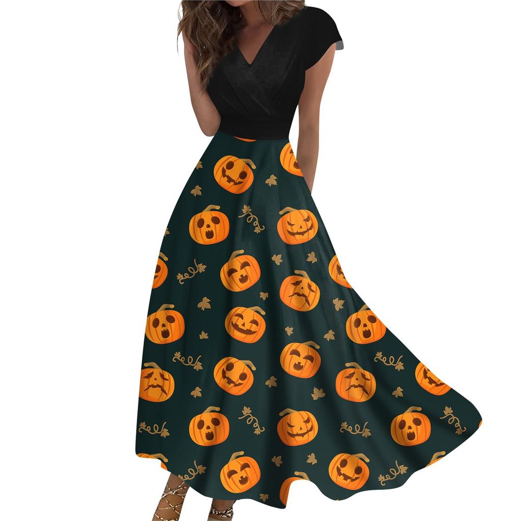 Women's Long Dress Maxi Dress Casual Dress Casual Short-Sleeve V Neck Boho Waist Halloween Printed Dress