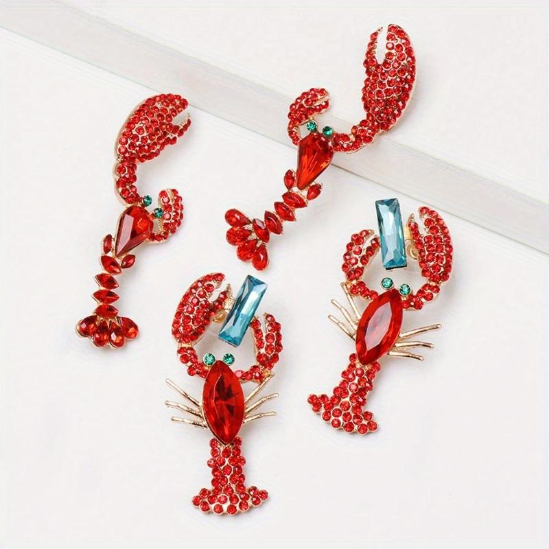 1 Pair Red Rhinestone Lobster Earrings Alloy Shiny Crayfish Dangler for Women Fashion Personality Drop Earrings Crystal Earrings