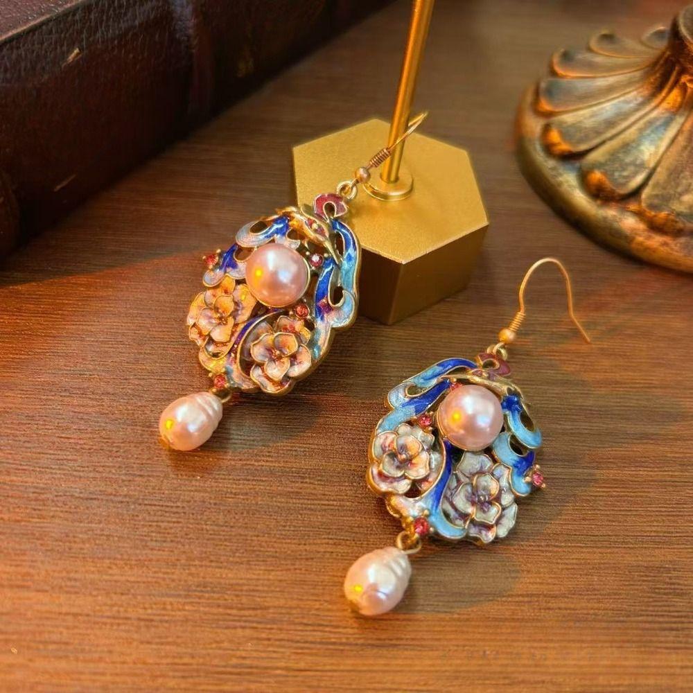 Exquisite Vintage Earrings Flower Chinese Style Earrings Retro Cloisonne Drop Earrings  Hanfu