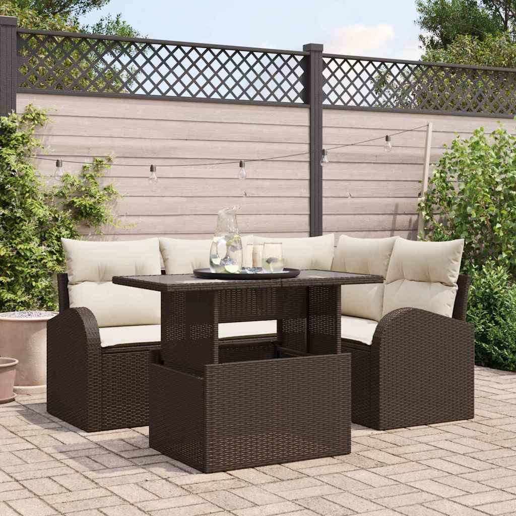 Garden Sofa Set with Cushions and Storage 5 pcs Brown Poly Rattan