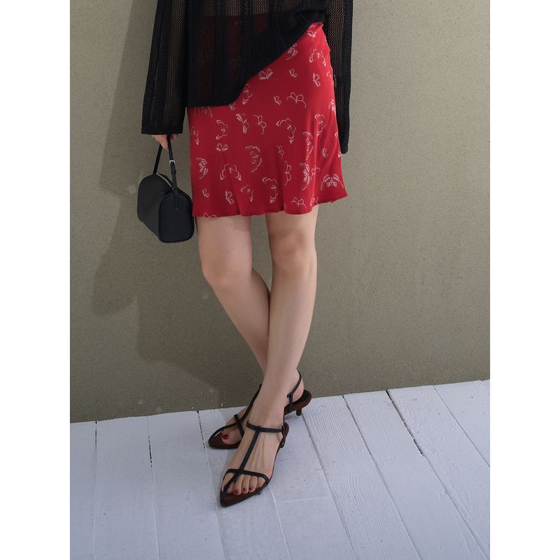 

French Style A- line Skirt Heavy Weight Stone Washed Full Silk Butterfly Print Red Elastic Waist Short Skirt 145702 Red S