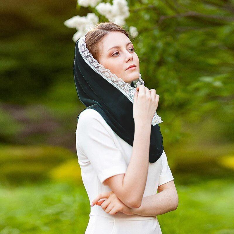 1pc Embroidered Lace Head Cover Satin Scarf Shawl Plain Soft Head Wraps Headband Foulard Wedding Hijab Mantilla Veil