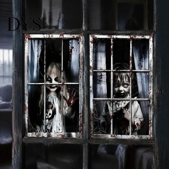 Festive Scene Layout 2Pcs Halloween Horror Window Clings, 80x120cm Spooky Ghost Skeleton Decorative Balcony Stickers Decal for Glass, Haunted